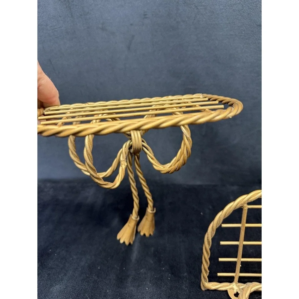 Vintage Gold Metal Bow Wall Shelves (2) & Taper Candle Sconce Coquette Regency